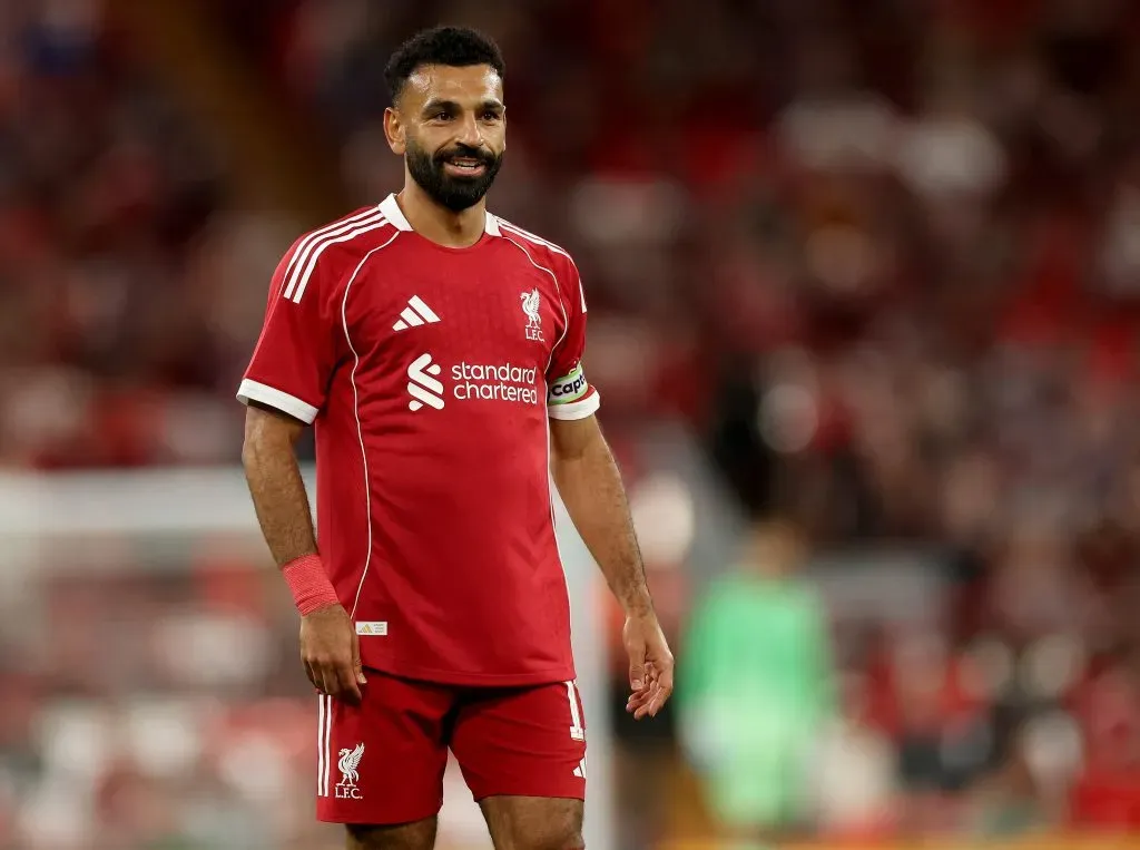 Mohamed Salah, do Liverpool, durante o amistoso de pré-temporada entre Liverpool e Athletic Club Bilbao, em Anfield, em 4 de agosto de 2025, em Liverpool, Inglaterra. Foto: Carl Recine/Getty Images