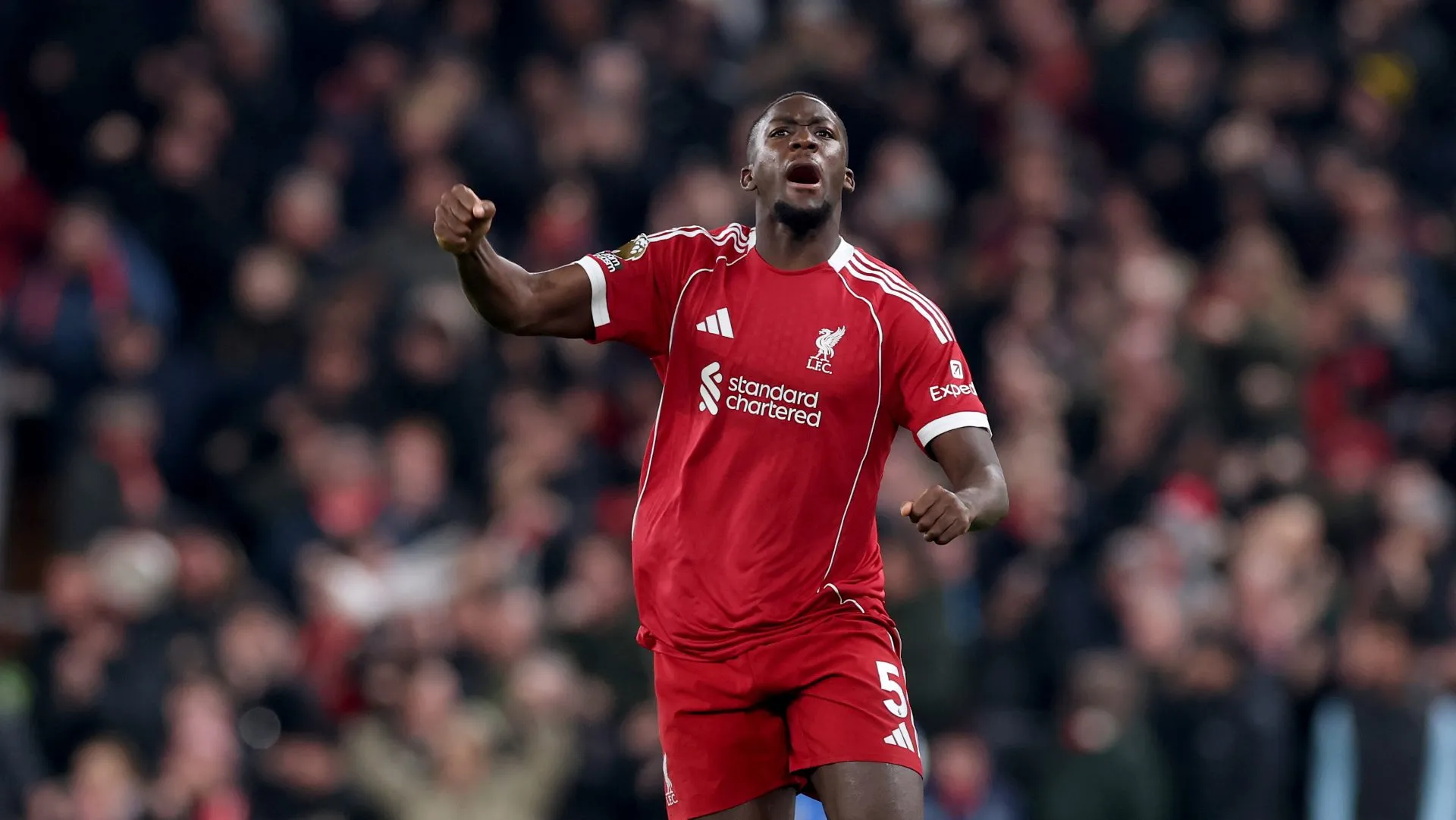 Konaté comemora gol com o Liverpool. Foto: Carl Recine/Getty Images