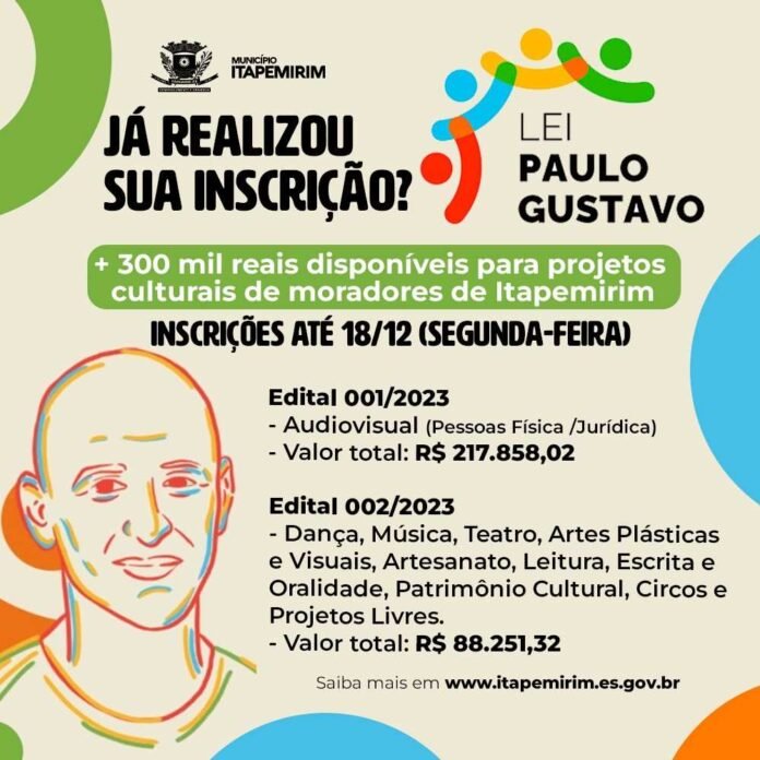 LEI PAULO GUSTAVO: MAIS DE 300 MIL REAIS PARA PROJETOS CULTURAIS DE MORADORES DE ITAPEMIRIM
