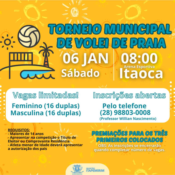 ESPORTE: VEM AÍ, O TORNEIO MUNICIPAL DE VÔLEI DE PRAIA EM ITAPEMIRIM