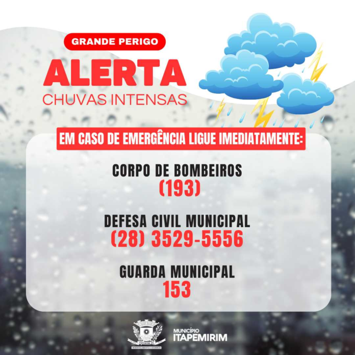 ALERTA VERMELHO: PREVISÃO DE GRANDE VOLUME DE CHUVA EM ITAPEMIRIM