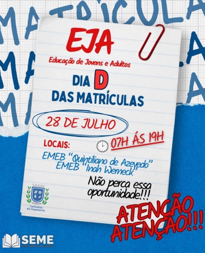 Prefeitura realiza Dia D de matrículas para EJA em Cachoeiro: oportunidade para jovens, adultos e idosos retomarem os estudos - Prefeitura de Cachoeiro de Itapemirim
