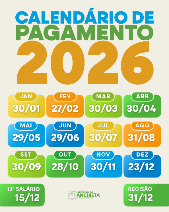 Notícia Prefeitura divulga calendário de pagamento dos salários de 2026 - Prefeitura Municipal de Anchieta