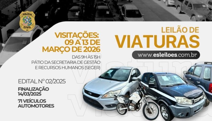 Leilão da Polícia Civil tem visitação de veículos iniciada em Cariacica