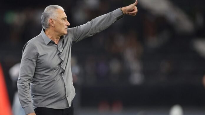 Tite faz sinal positivo com o braço erguido durante partida entre Botafogo e Chapecoense no Estádio Nilton Santos.
